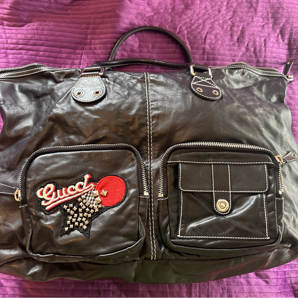 Gucci Black Leather Duffel Bag with Red Accents